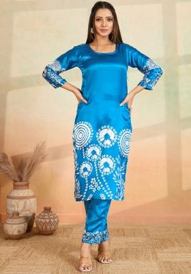 Sky Blue Printed Rayon Kurta Set