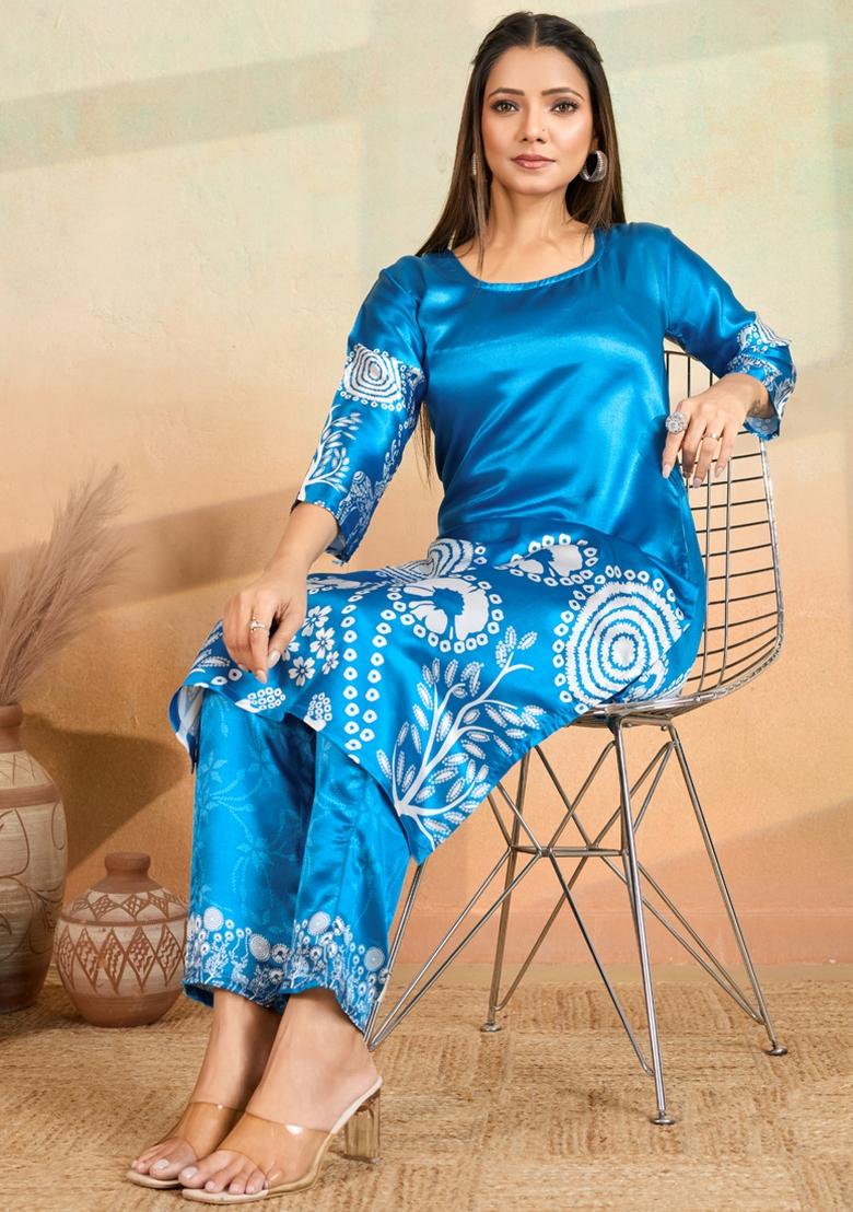 Sky Blue Printed Rayon Kurta Set - Indya