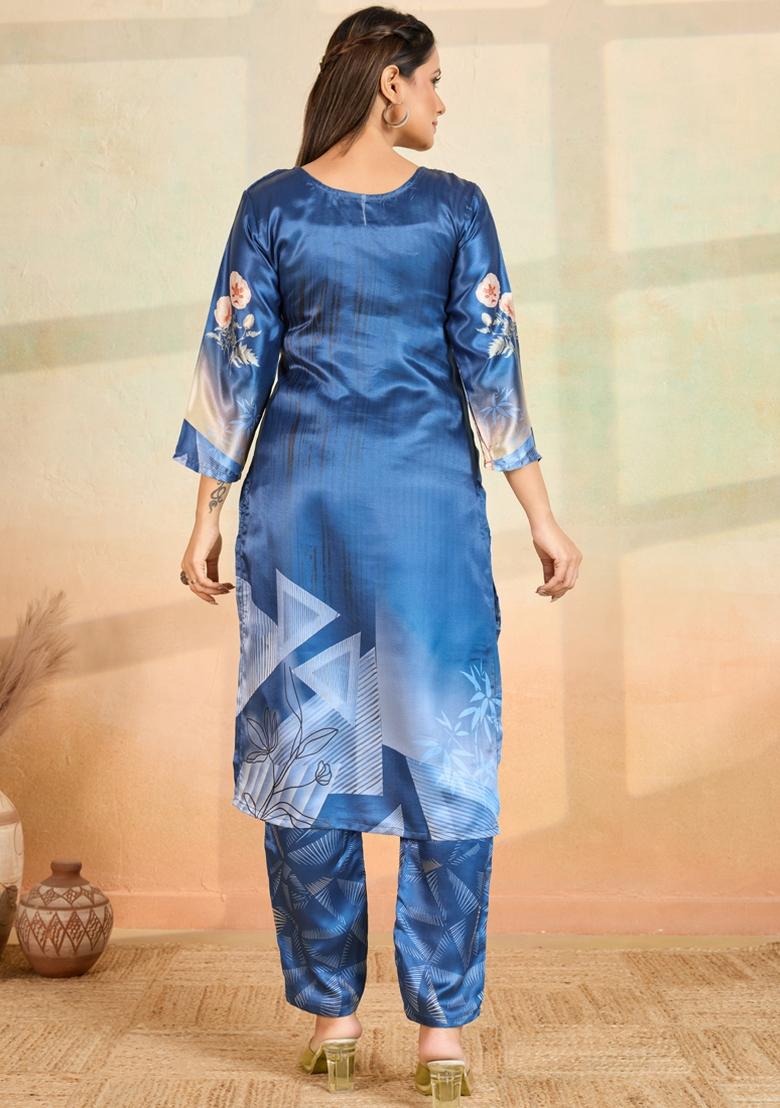 Blue Printed Rayon Kurta Set - Indya