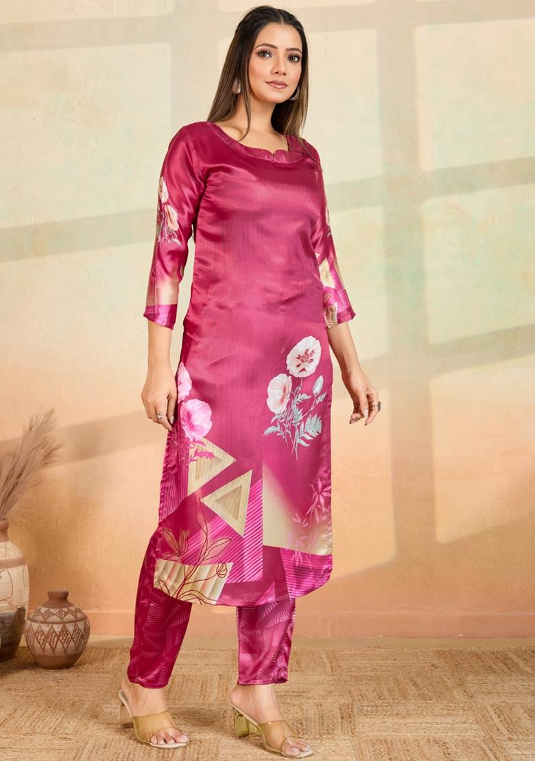 Pink Printed Rayon Kurta Set - Indya