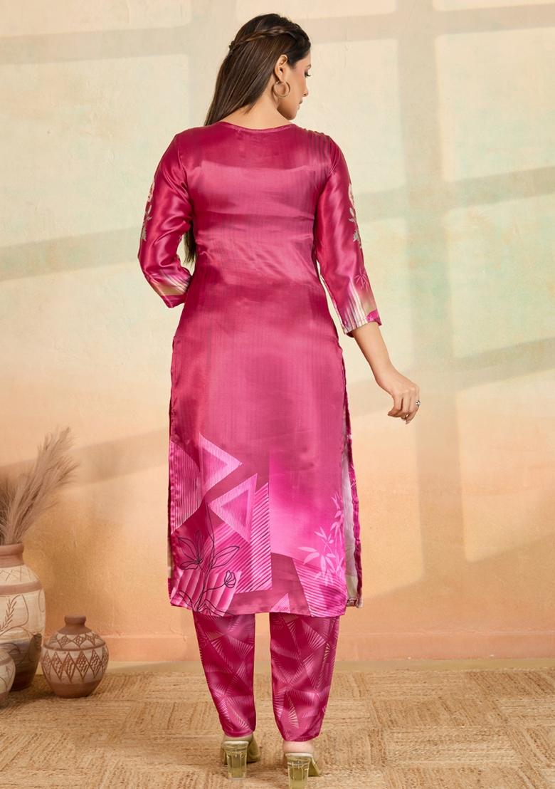 Pink Printed Rayon Kurta Set - Indya
