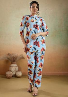 Sky Blue Printed Cotton Kurta Set