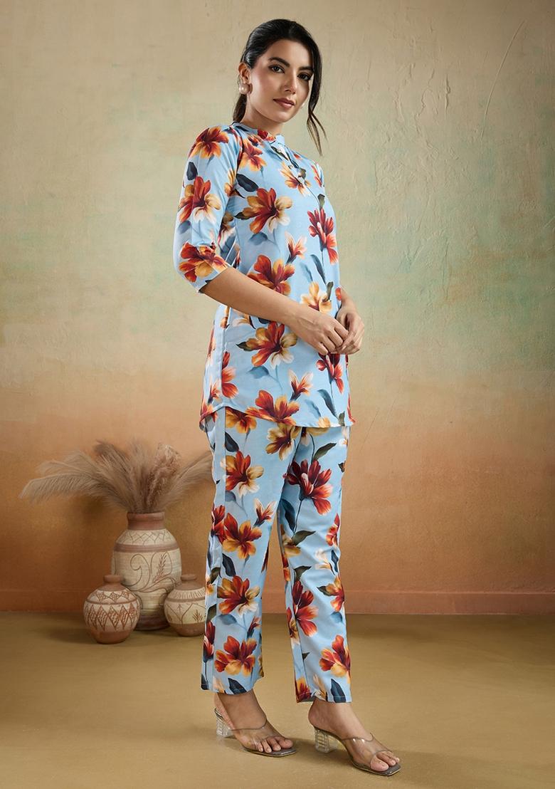 Sky Blue Printed Cotton Kurta Set - Indya