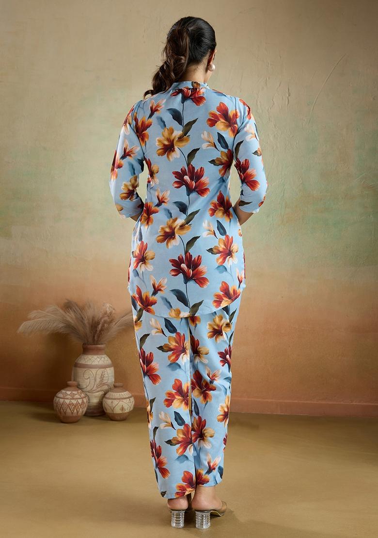 Sky Blue Printed Cotton Kurta Set - Indya