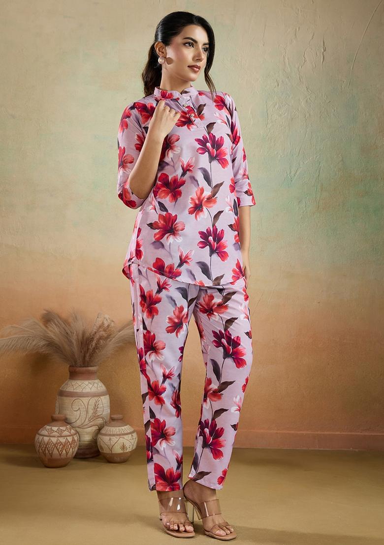 Light Pink Printed Cotton Kurta Set - Indya