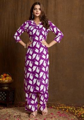 Purple Printed Cotton Kurta Set