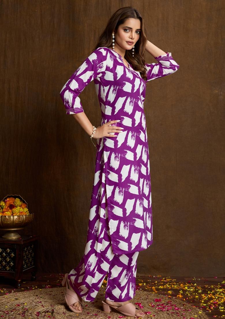 Purple Printed Cotton Kurta Set - Indya