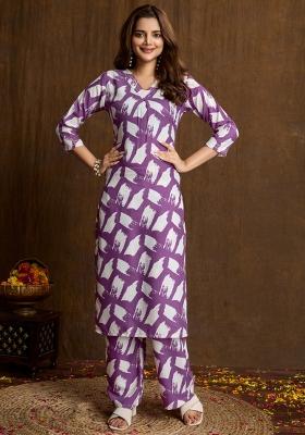 Wine Printed Cotton Kurta Set