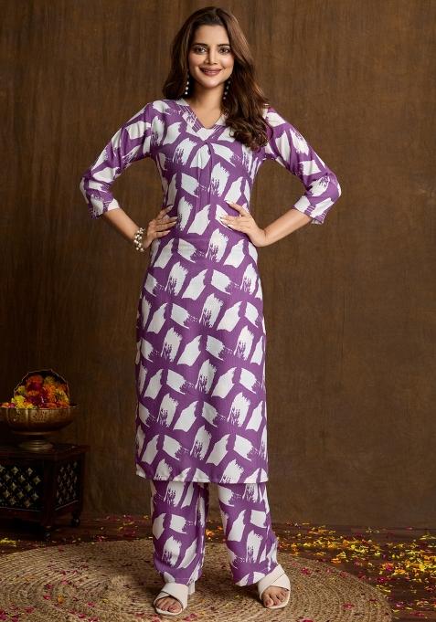 Wine Printed Cotton Kurta Set