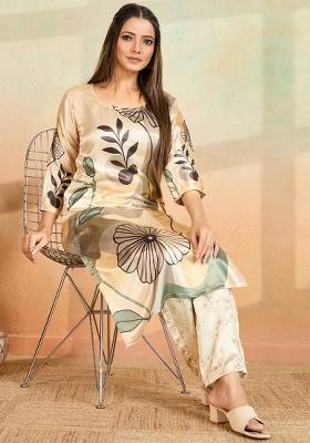Beige Printed Rayon Kurta Set
