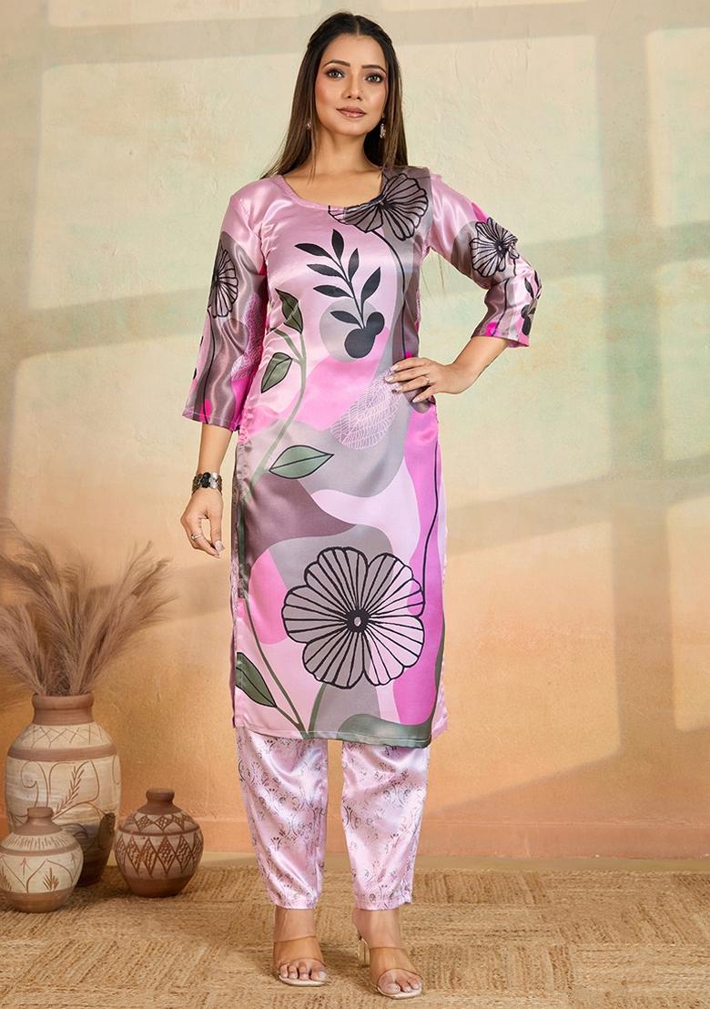 Baby Pink Printed Rayon Kurta Set - Indya