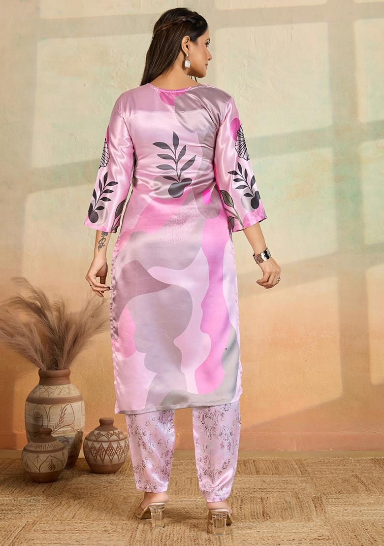 Baby Pink Printed Rayon Kurta Set - Indya