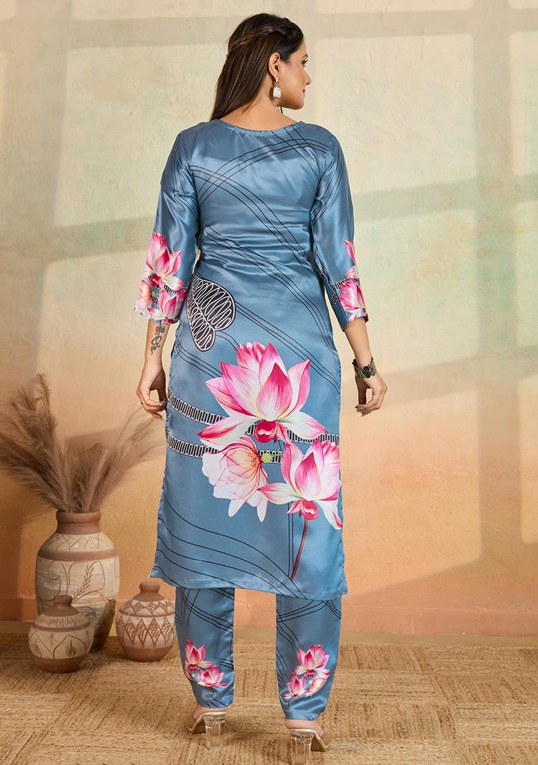 Grey Printed Rayon Kurta Set - Indya