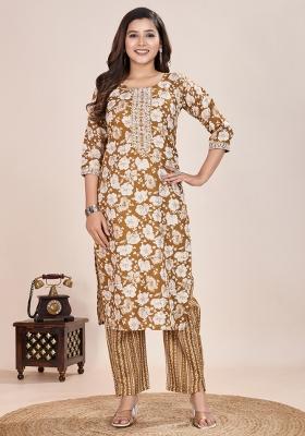 Beige Printed Cotton Kurta Set