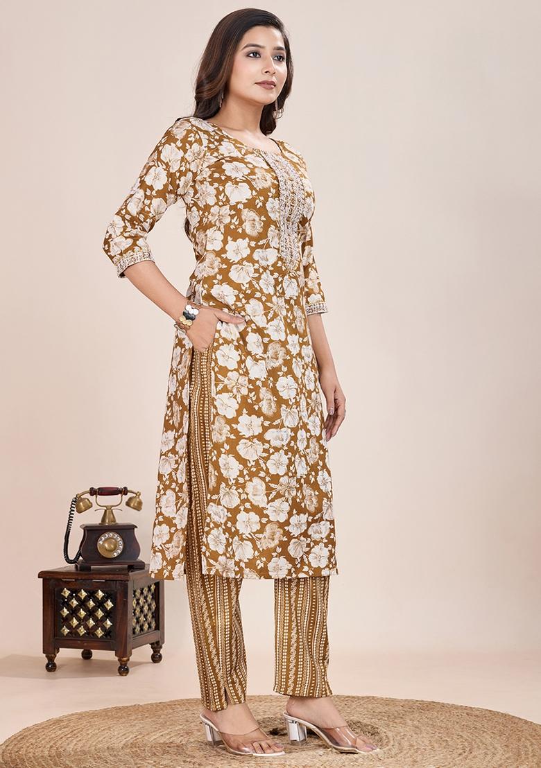 Beige Printed Cotton Kurta Set - Indya