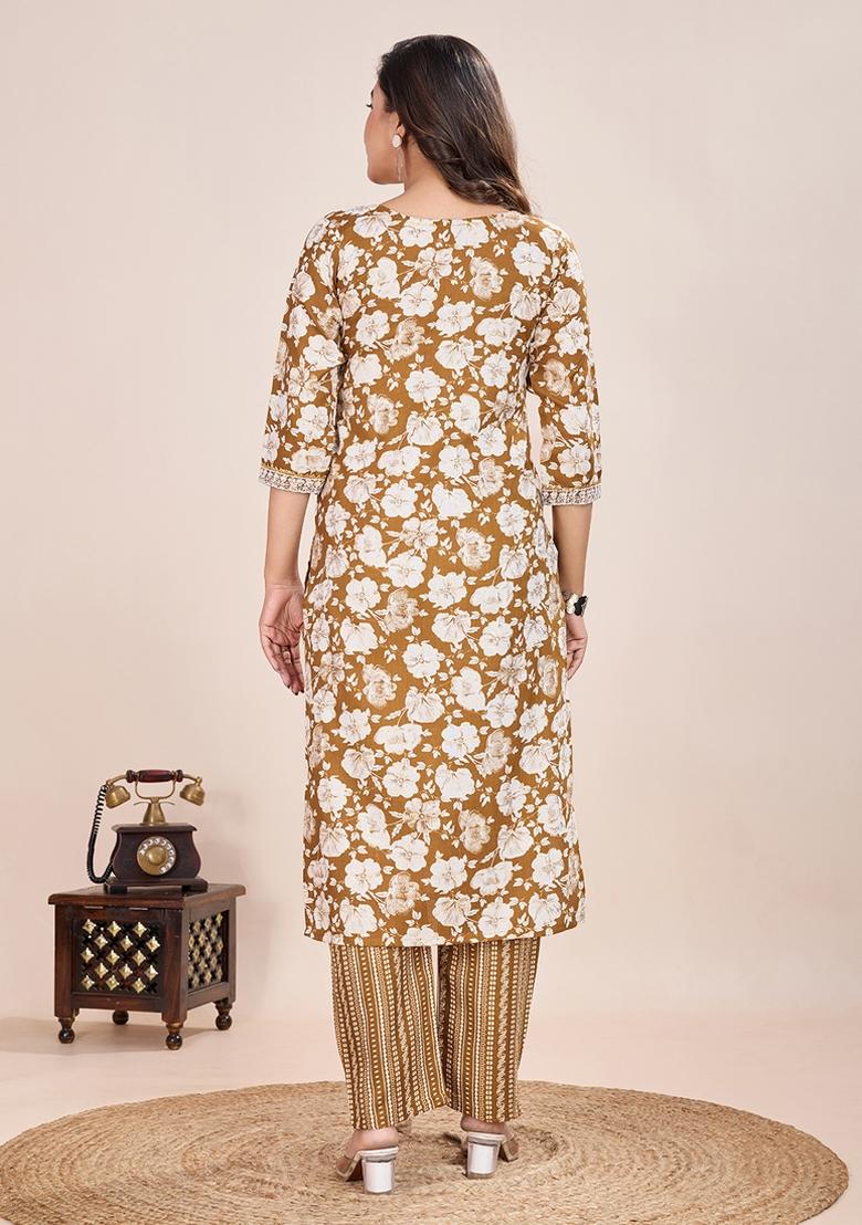 Beige Printed Cotton Kurta Set - Indya
