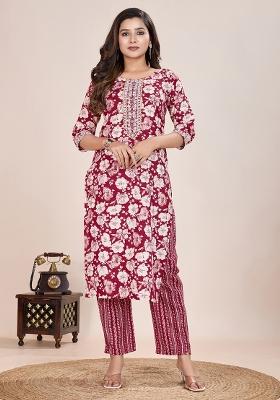 Maroon Printed Cotton Kurta Set