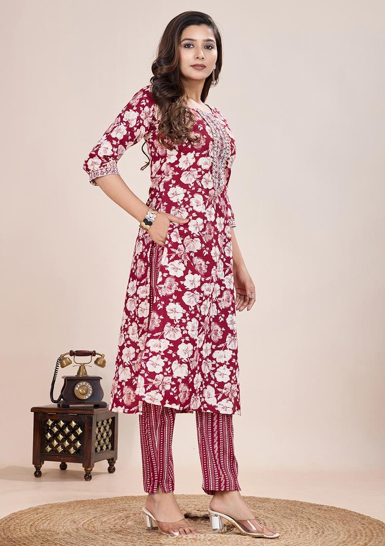 Maroon Printed Cotton Kurta Set - Indya