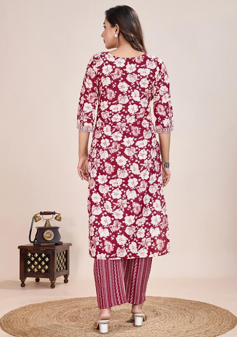 Maroon Printed Cotton Kurta Set - Indya