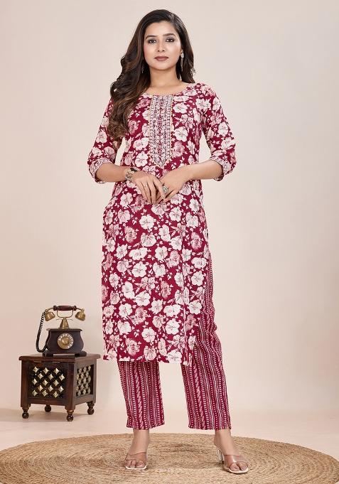 Maroon Printed Cotton Kurta Set