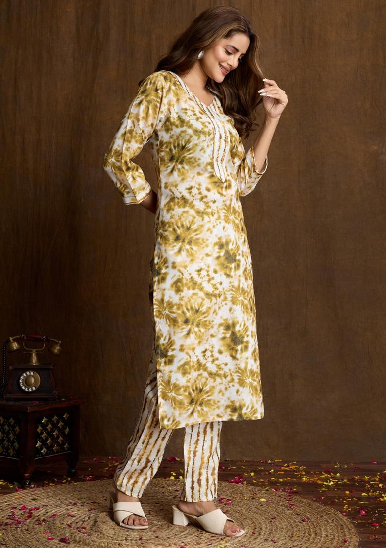 Cream Printed Cotton Kurta Set - Indya