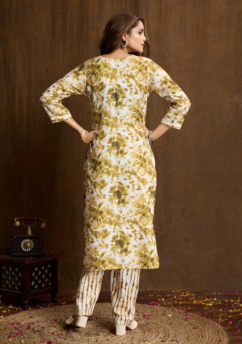 Cream Printed Cotton Kurta Set - Indya