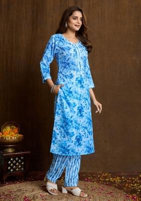 Sky Blue Printed Cotton Kurta Set