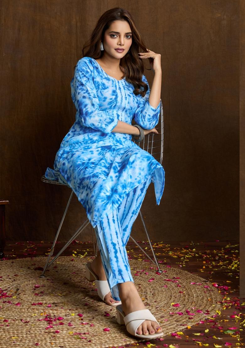 Sky Blue Printed Cotton Kurta Set - Indya