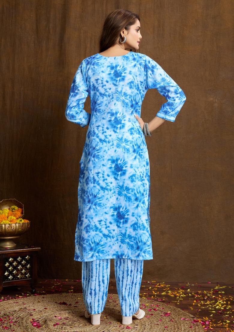 Sky Blue Printed Cotton Kurta Set - Indya