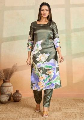 Olive Printed Rayon Kurta Set