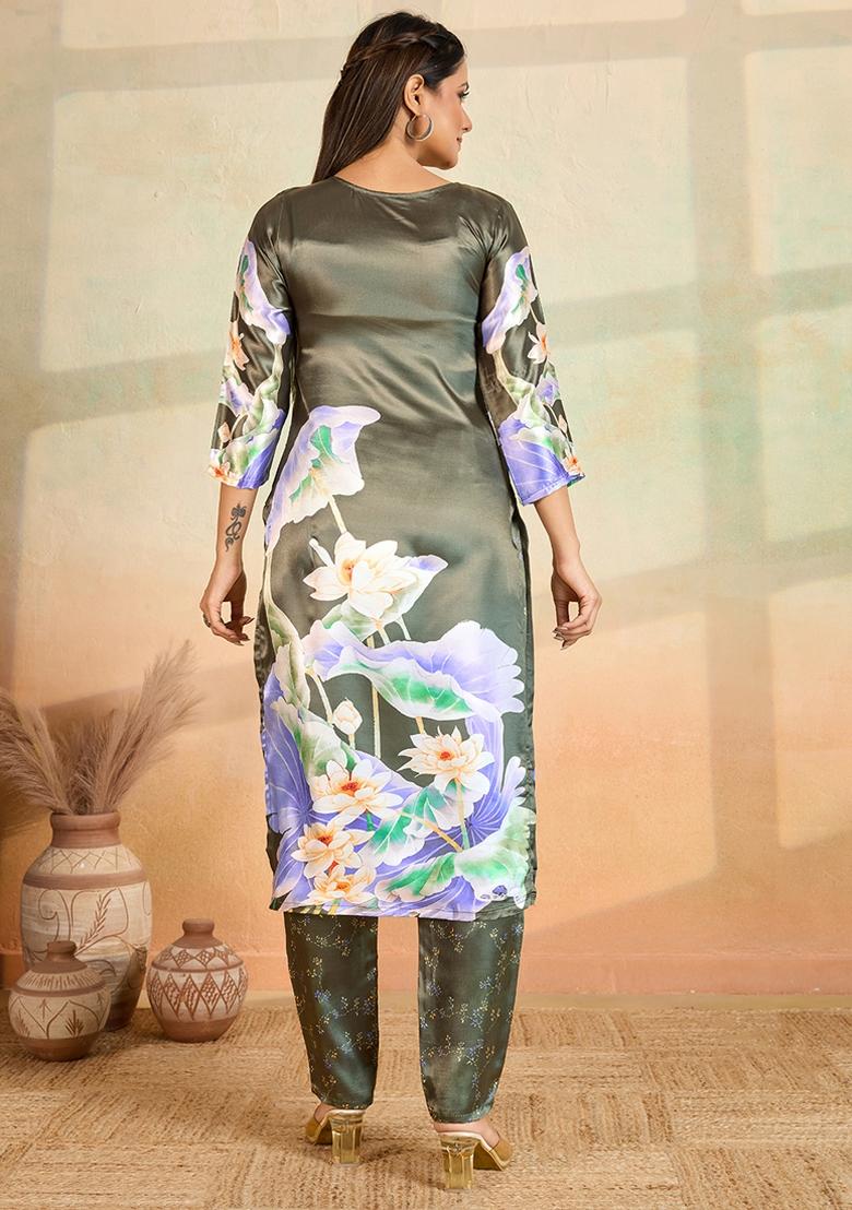 Olive Printed Rayon Kurta Set - Indya