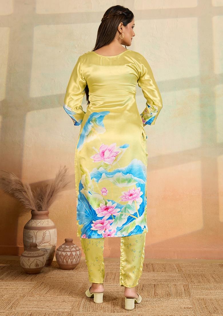 Light Yellow Printed Rayon Kurta Set - Indya