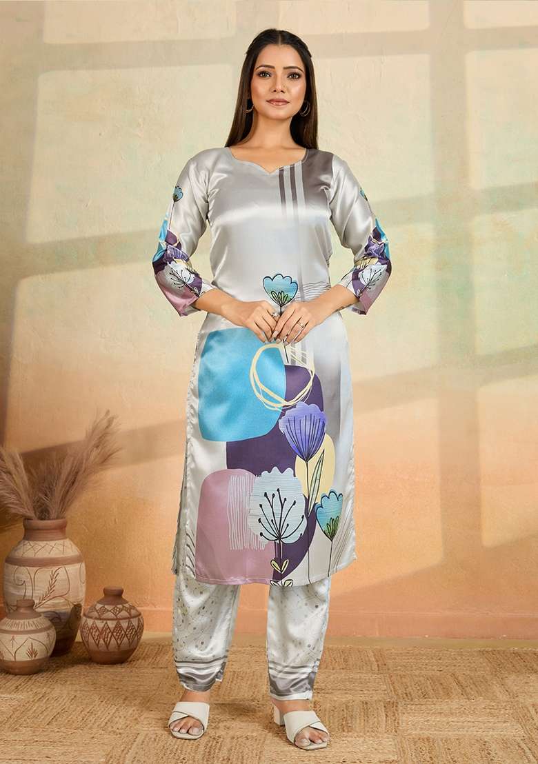 Light Grey Printed Rayon Kurta Set - Indya