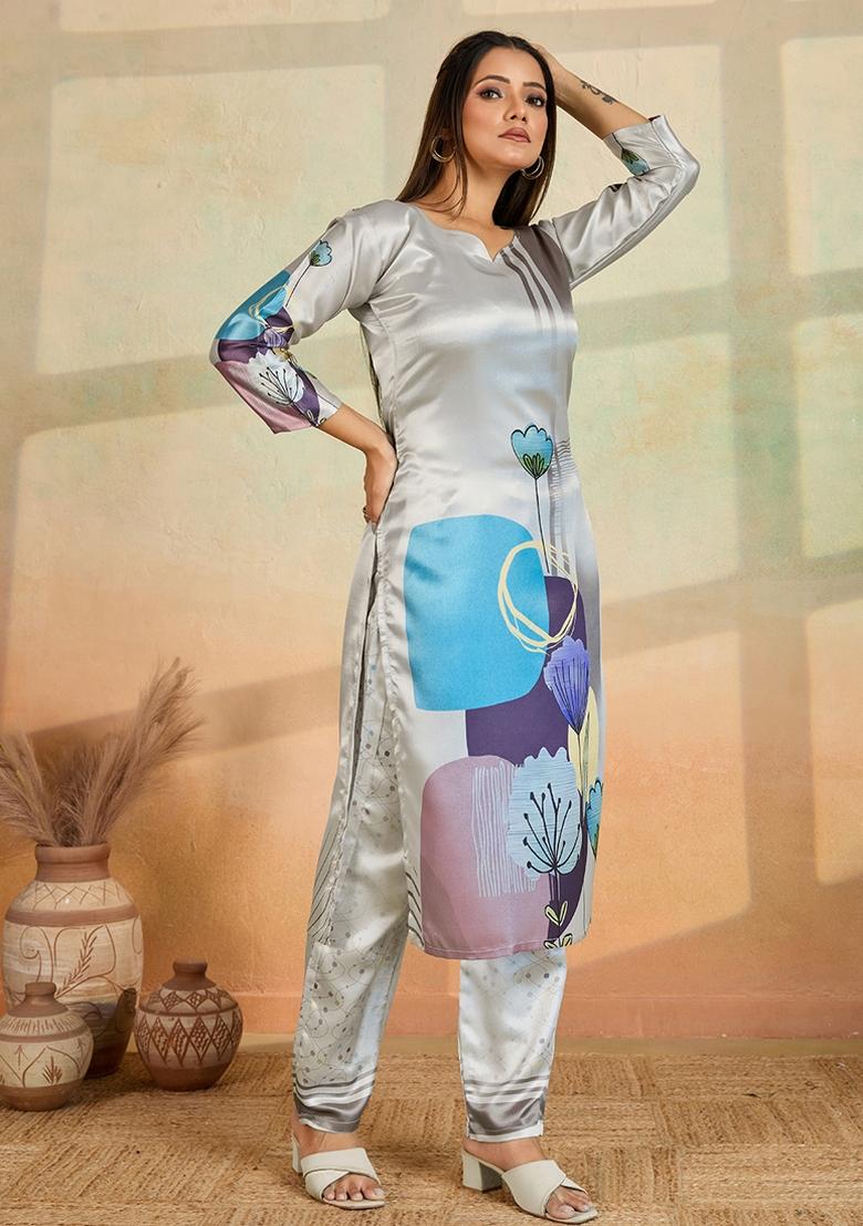 Light Grey Printed Rayon Kurta Set - Indya