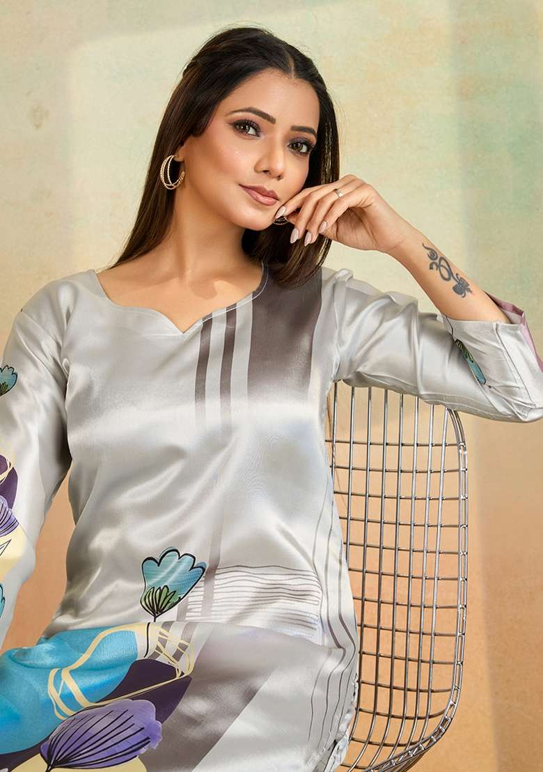 Light Grey Printed Rayon Kurta Set - Indya