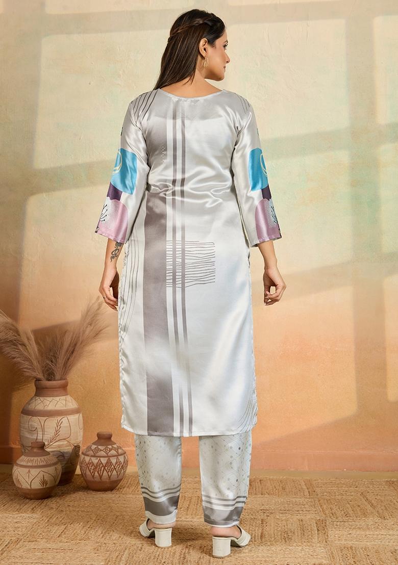 Light Grey Printed Rayon Kurta Set - Indya
