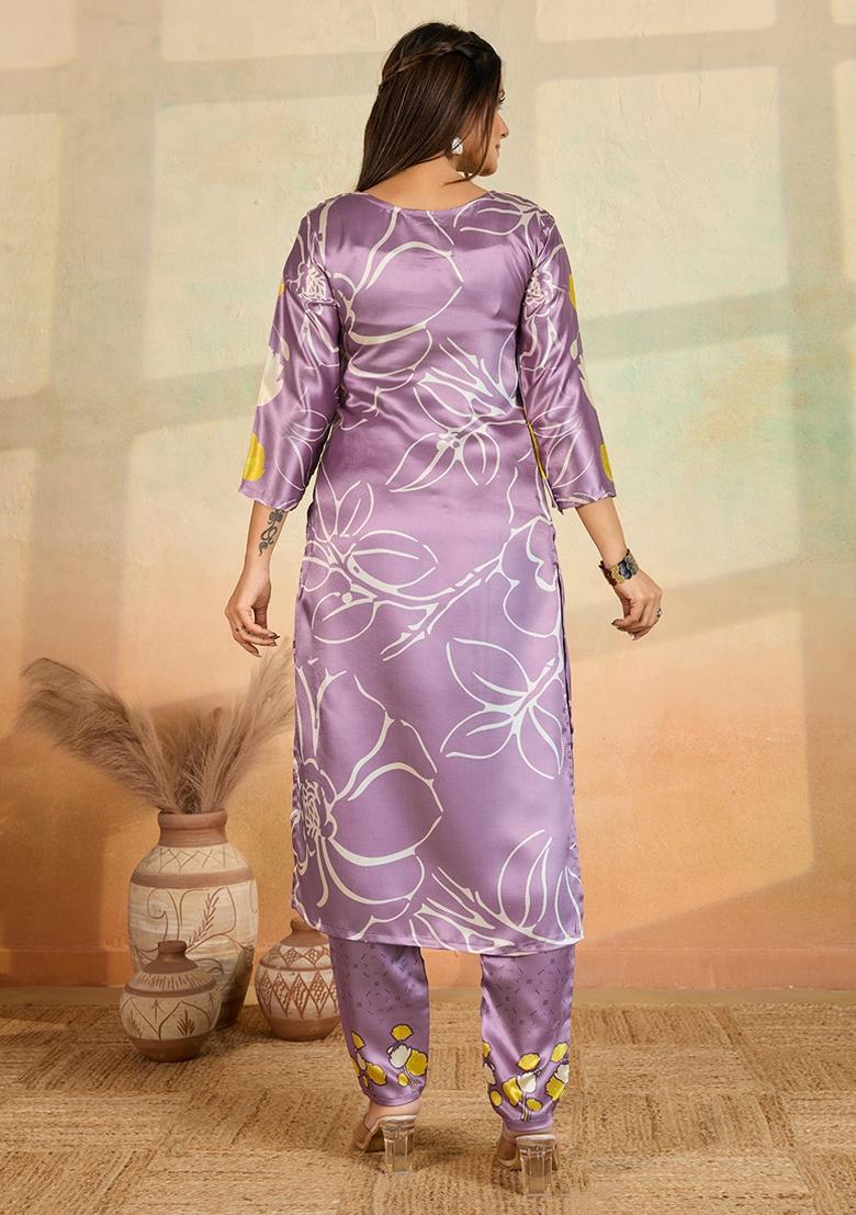 Light Lavender Printed Rayon Kurta Set - Indya