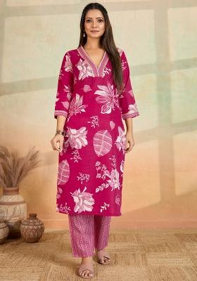 Pink Printed Cotton Kurta Set