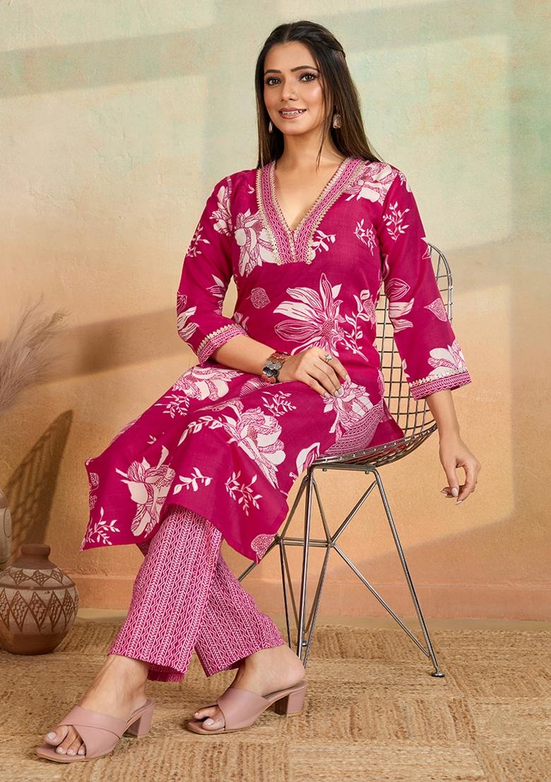 Pink Printed Cotton Kurta Set - Indya