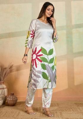 Off White Printed Rayon Kurta Set