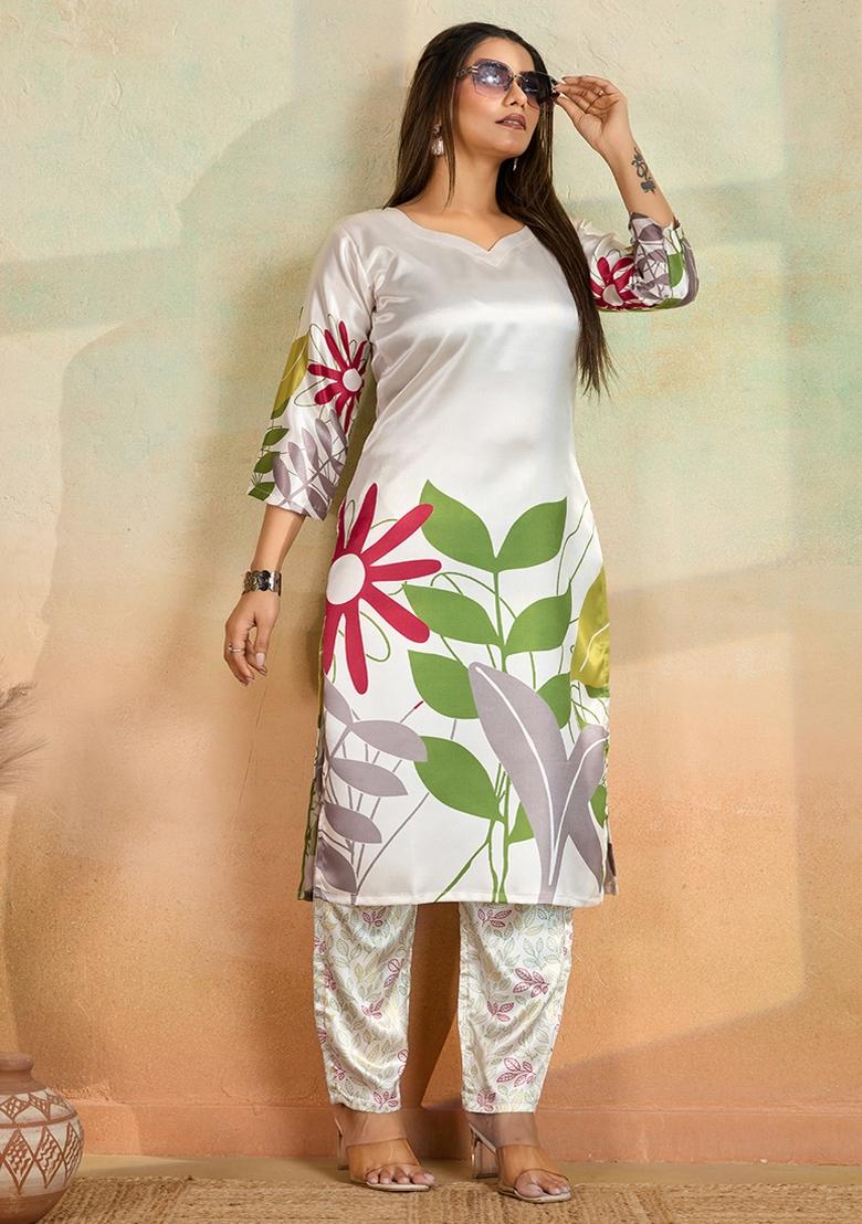 Off White Printed Rayon Kurta Set - Indya