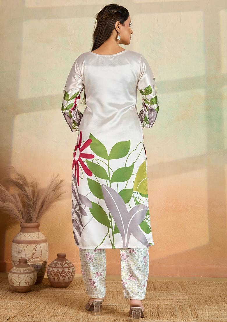 Off White Printed Rayon Kurta Set - Indya
