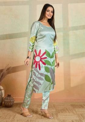 Light Pista Printed Rayon Kurta Set