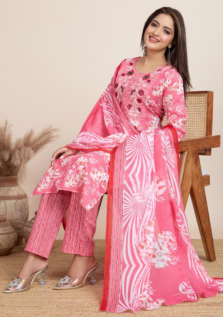 Light Pink Printed Cotton Kurta Set - Indya