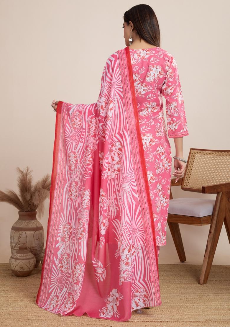Light Pink Printed Cotton Kurta Set - Indya