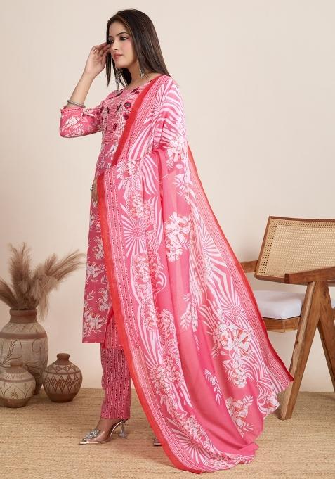 Light Pink Printed Cotton Kurta Set