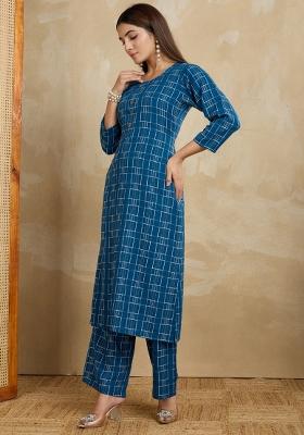 Blue Printed Cotton Kurta Set