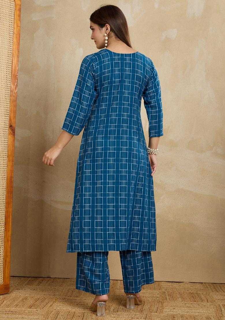 Blue Printed Cotton Kurta Set - Indya
