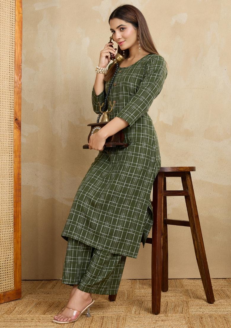 Green Printed Cotton Kurta Set - Indya