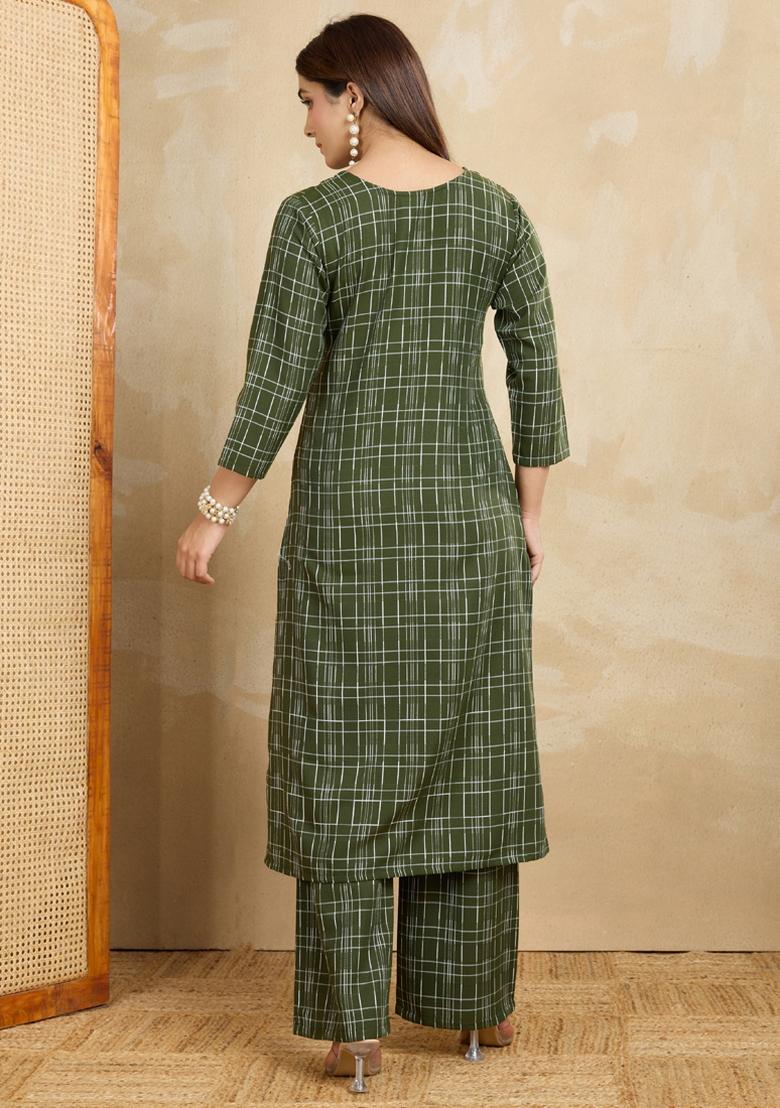 Green Printed Cotton Kurta Set - Indya